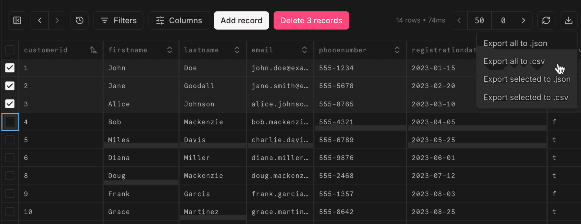 export data from table